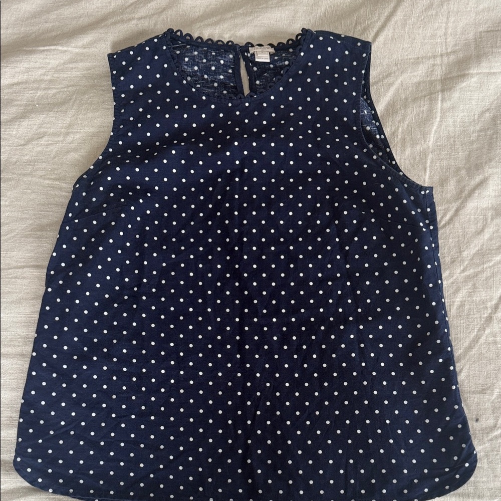 J. Crew Navy and White Linen/Cotton Polka Dot Top